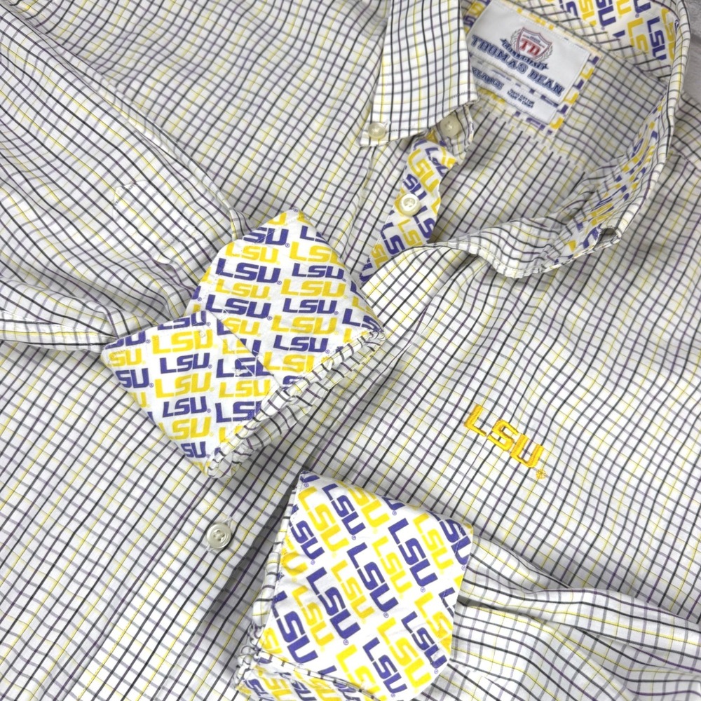 Thomas Dean LSU Tigers Shirt XL White Plaid Button Down Collegiate Flip Cuff EUC